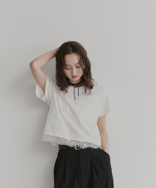 ad thie(アドティエ)の「レース ドッキング ショート丈 Tシャツ(Tシャツ/カットソー・レディース・オフホワイト/ブラウン/ブラック・FREE)」の6枚目の写真