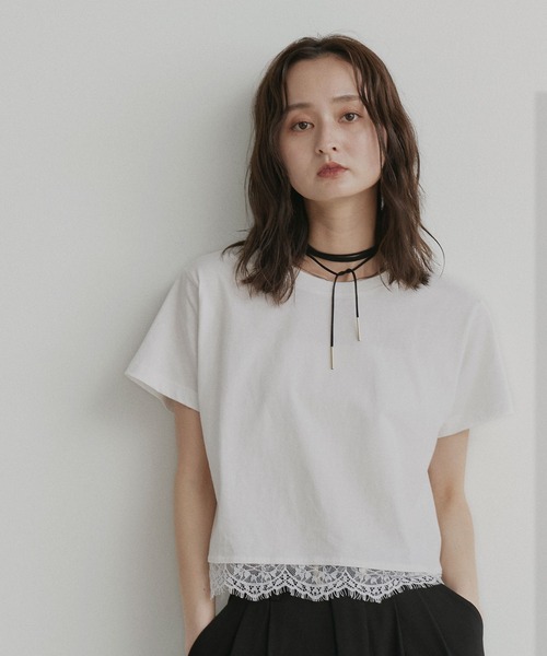 ad thie(アドティエ)の「レース ドッキング ショート丈 Tシャツ(Tシャツ/カットソー・レディース・オフホワイト/ブラウン/ブラック・FREE)」の7枚目の写真