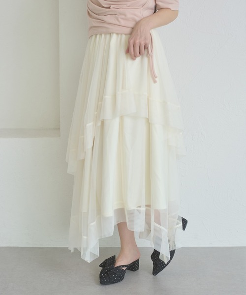 Ambre Neige（アンブルネージュ）の「asymmetry tulle long skirt / アシメチュールロングスカート（スカート・レディース・アイボリー/チャコールグレー・FREE）」の4枚目の写真