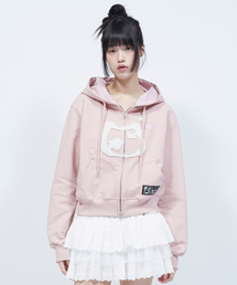 キャットシンボルパッチワーククロップフードジップアップ PINK
