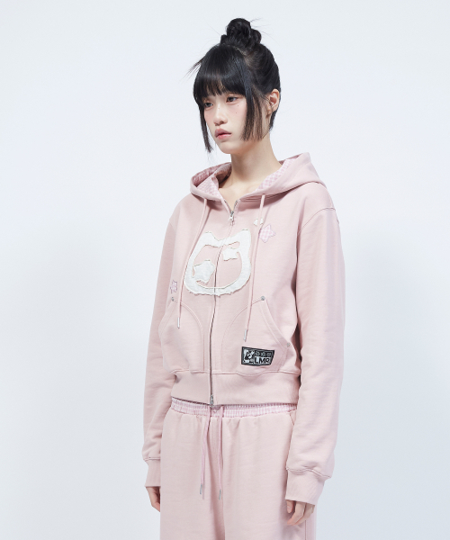 LMR(エルエムアール)の「キャットシンボルパッチワーククロップフードジップアップ PINK(パーカー・レディース・PINK・LARGE/SMALL/MEDIUM)」の4枚目の写真
