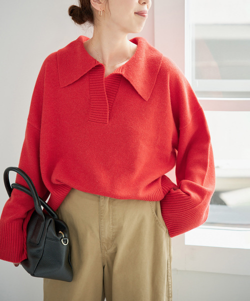 Spick & Span(スピックアンドスパン)の「ルーズウールポロシャツニット(ニット/セーター・レディース・ベージュ/レッド/チャコールグレー・FREE)」の3枚目の写真