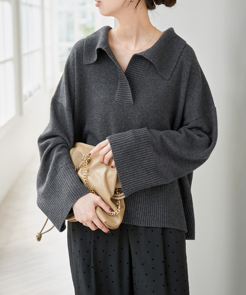 Spick & Span(スピックアンドスパン)の「ルーズウールポロシャツニット(ニット/セーター・レディース・ベージュ/レッド/チャコールグレー・FREE)」の7枚目の写真