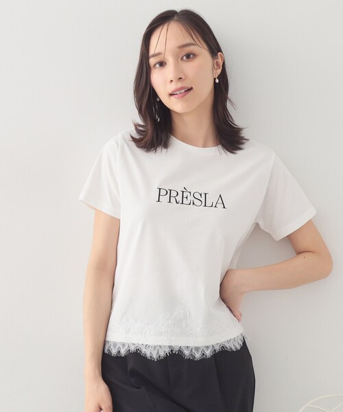 index(インデックス)の「【接触冷感/UVケア】裾レースロゴTシャツ《洗濯機OK/S-3L》(Tシャツ/カットソー・レディース・ブラウン系その他/ブラック/サックスブルー/オフホワイト・36/44/42/40/38)」の1枚目の写真