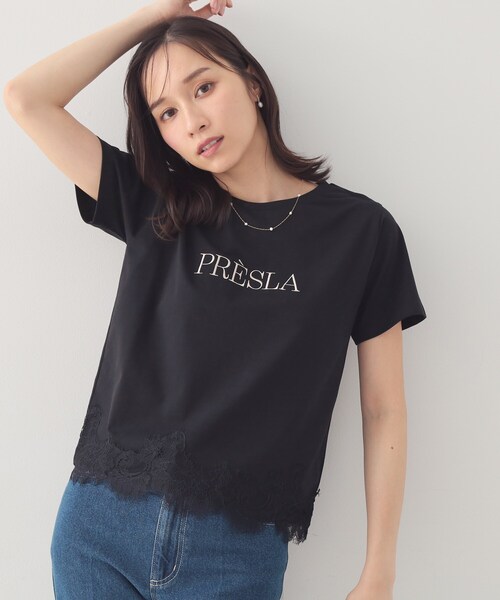 index(インデックス)の「【接触冷感/UVケア】裾レースロゴTシャツ《洗濯機OK/S-3L》(Tシャツ/カットソー・レディース・ブラウン系その他/ブラック/サックスブルー/オフホワイト・36/44/42/40/38)」の2枚目の写真