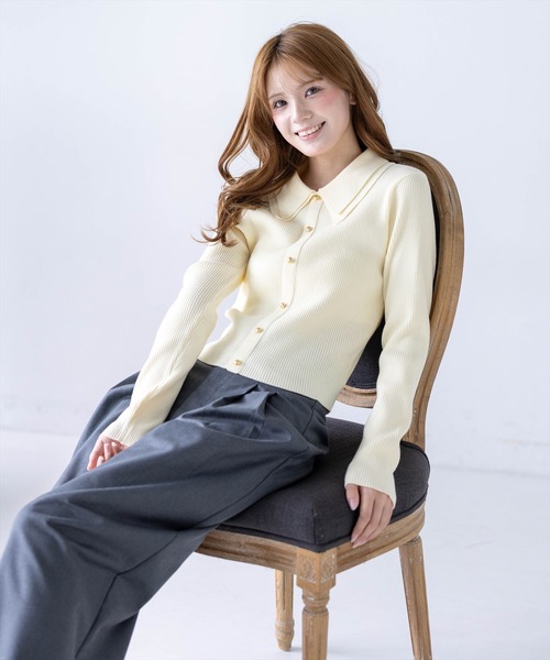 CLEAR BASIC（クリアベーシック）の「ダブルカラー長袖ニットトップス［骨格ストレート／クラシカル／上品］（ニット/セーター・レディース・ブラウン/イエロー系その他/アイボリー/ブラック/ボルドー・F）」の4枚目の写真