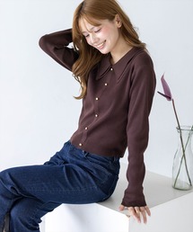 ダブルカラー長袖ニットトップス［骨格ストレート／クラシカル／上品］