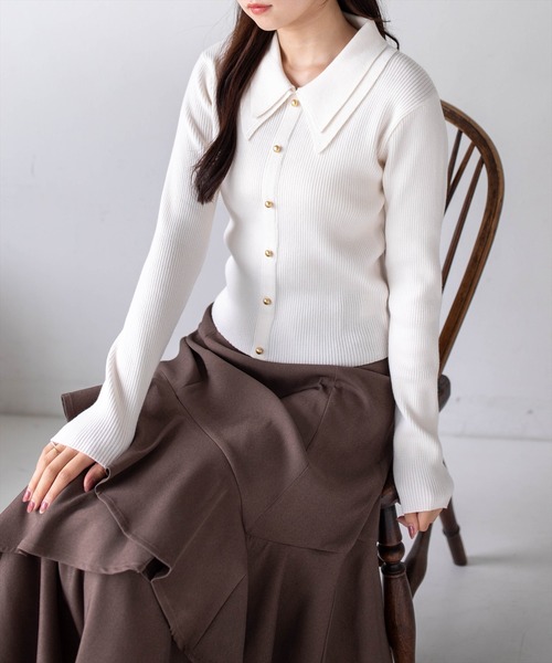 CLEAR BASIC（クリアベーシック）の「ダブルカラー長袖ニットトップス［骨格ストレート／クラシカル／上品］（ニット/セーター・レディース・ブラウン/イエロー系その他/アイボリー/ブラック/ボルドー・F）」の6枚目の写真