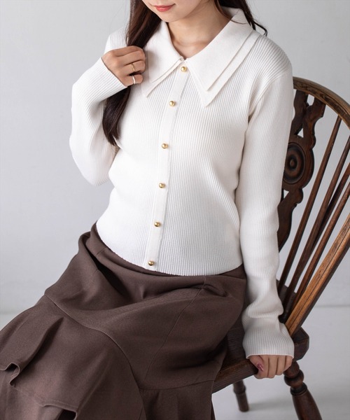 CLEAR BASIC（クリアベーシック）の「ダブルカラー長袖ニットトップス［骨格ストレート／クラシカル／上品］（ニット/セーター・レディース・ブラウン/イエロー系その他/アイボリー/ブラック/ボルドー・F）」の7枚目の写真