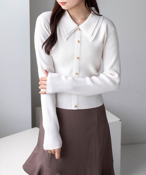 CLEAR BASIC（クリアベーシック）の「ダブルカラー長袖ニットトップス［骨格ストレート／クラシカル／上品］（ニット/セーター・レディース・ブラウン/イエロー系その他/アイボリー/ブラック/ボルドー・F）」の8枚目の写真