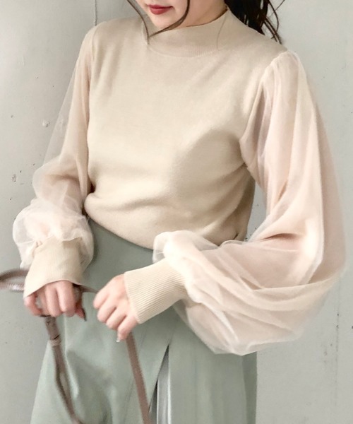 EPIMI E'PIMMY（エピミエピミー）の「チュールスリーブ×モックネックニット（ニット/セーター・レディース・アイボリー/オフホワイト/ピンクベージュ・MEDIUM）」の3枚目の写真