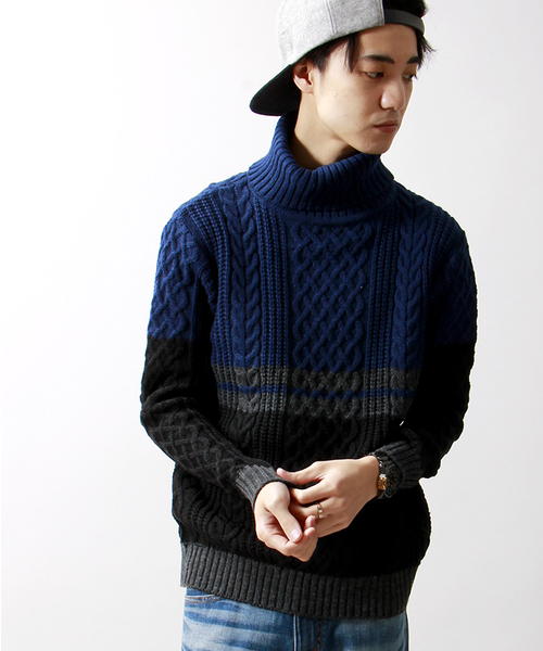 WEGO(ウィゴー)の「WEGO/ケーブルバイカラータートルニット(ニット/セーター・メンズ・ホワイト/ネイビー・LARGE/MEDIUM)」の1枚目の写真