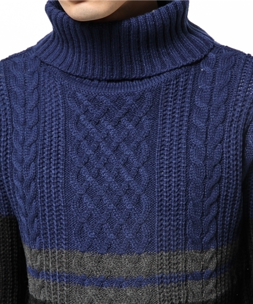 WEGO(ウィゴー)の「WEGO/ケーブルバイカラータートルニット(ニット/セーター・メンズ・ホワイト/ネイビー・LARGE/MEDIUM)」の4枚目の写真