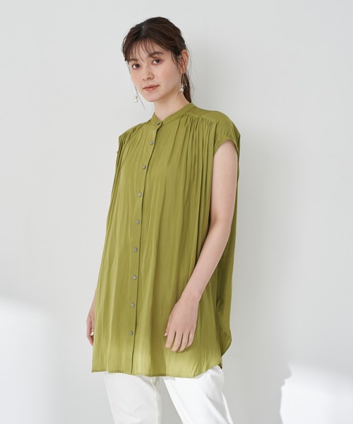 YECCA VECCA(イェッカヴェッカ)の「・ラウンドヘムギャザーロングブラウス(シャツ/ブラウス・レディース・ライトグレー/チャコールグレー/グリーン系その他3/ライトブルー・FREE)」の1枚目の写真