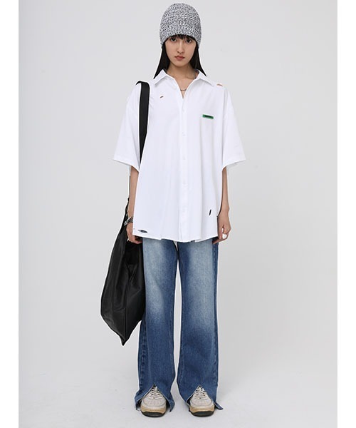 MASONPRINCE(メイソンプリンス)の「【MASONPRINCE】Damage processing one point logo shirt DT3059(シャツ/ブラウス・メンズ・ホワイト/ブラック・L/M/S/XL)」の14枚目の写真