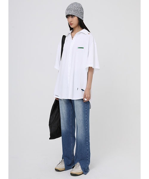 MASONPRINCE(メイソンプリンス)の「【MASONPRINCE】Damage processing one point logo shirt DT3059(シャツ/ブラウス・メンズ・ホワイト/ブラック・L/M/S/XL)」の4枚目の写真