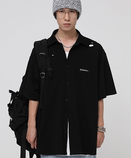 MASONPRINCE(メイソンプリンス)の「【MASONPRINCE】Damage processing one point logo shirt DT3059(シャツ/ブラウス・メンズ・ホワイト/ブラック・L/M/S/XL)」の7枚目の写真