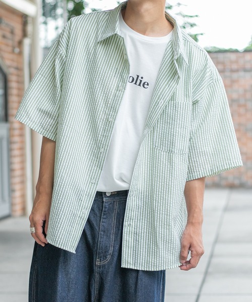 PairPair（ペアペア）の「サッカーストライプシャツ（ユニセックス）（シャツ/ブラウス・メンズ・ブラック/ベージュ/ライトグリーン・MEDIUM/LARGE）」の3枚目の写真