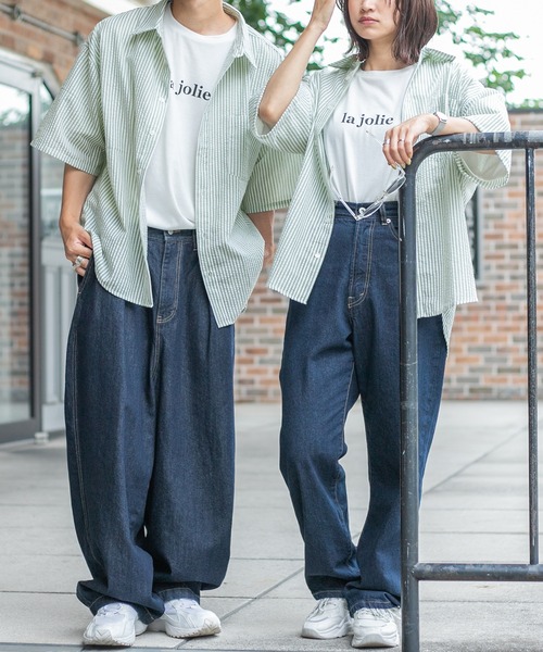 PairPair（ペアペア）の「サッカーストライプシャツ（ユニセックス）（シャツ/ブラウス・メンズ・ブラック/ベージュ/ライトグリーン・MEDIUM/LARGE）」の4枚目の写真