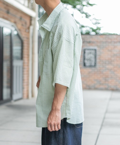 PairPair（ペアペア）の「サッカーストライプシャツ（ユニセックス）（シャツ/ブラウス・メンズ・ブラック/ベージュ/ライトグリーン・MEDIUM/LARGE）」の12枚目の写真