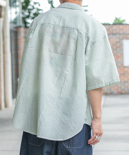 PairPair（ペアペア）の「サッカーストライプシャツ（ユニセックス）（シャツ/ブラウス・メンズ・ブラック/ベージュ/ライトグリーン・MEDIUM/LARGE）」の13枚目の写真