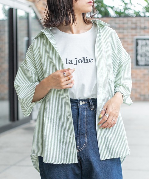 PairPair（ペアペア）の「サッカーストライプシャツ（ユニセックス）（シャツ/ブラウス・メンズ・ブラック/ベージュ/ライトグリーン・MEDIUM/LARGE）」の7枚目の写真