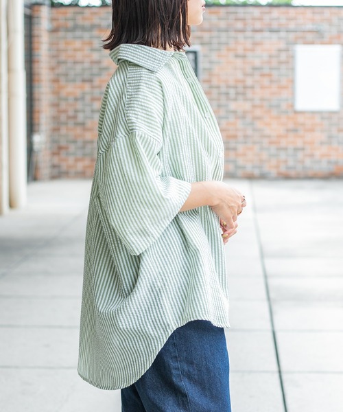 PairPair（ペアペア）の「サッカーストライプシャツ（ユニセックス）（シャツ/ブラウス・メンズ・ブラック/ベージュ/ライトグリーン・MEDIUM/LARGE）」の8枚目の写真