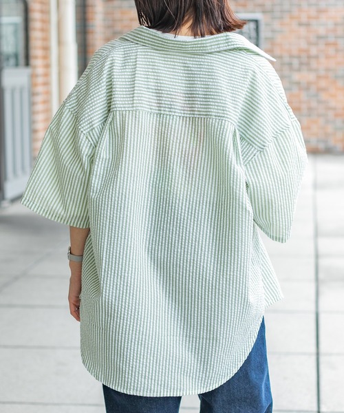 PairPair（ペアペア）の「サッカーストライプシャツ（ユニセックス）（シャツ/ブラウス・メンズ・ブラック/ベージュ/ライトグリーン・MEDIUM/LARGE）」の9枚目の写真