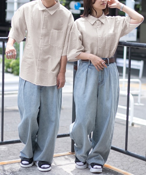 PairPair（ペアペア）の「サッカーストライプシャツ（ユニセックス）（シャツ/ブラウス・メンズ・ブラック/ベージュ/ライトグリーン・MEDIUM/LARGE）」の14枚目の写真