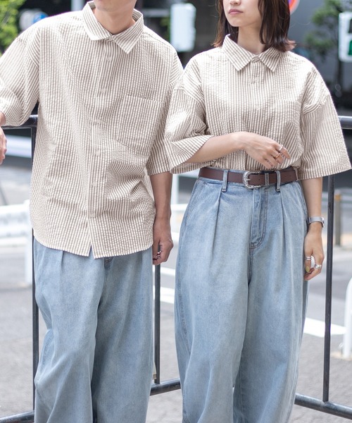 PairPair（ペアペア）の「サッカーストライプシャツ（ユニセックス）（シャツ/ブラウス・メンズ・ブラック/ベージュ/ライトグリーン・MEDIUM/LARGE）」の15枚目の写真