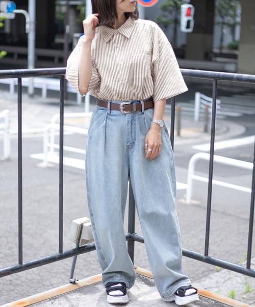 PairPair（ペアペア）の「サッカーストライプシャツ（ユニセックス）（シャツ/ブラウス・メンズ・ブラック/ベージュ/ライトグリーン・MEDIUM/LARGE）」の16枚目の写真