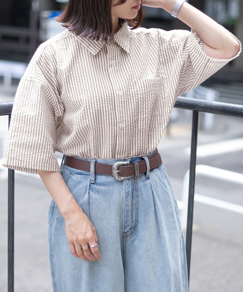 PairPair（ペアペア）の「サッカーストライプシャツ（ユニセックス）（シャツ/ブラウス・メンズ・ブラック/ベージュ/ライトグリーン・MEDIUM/LARGE）」の17枚目の写真