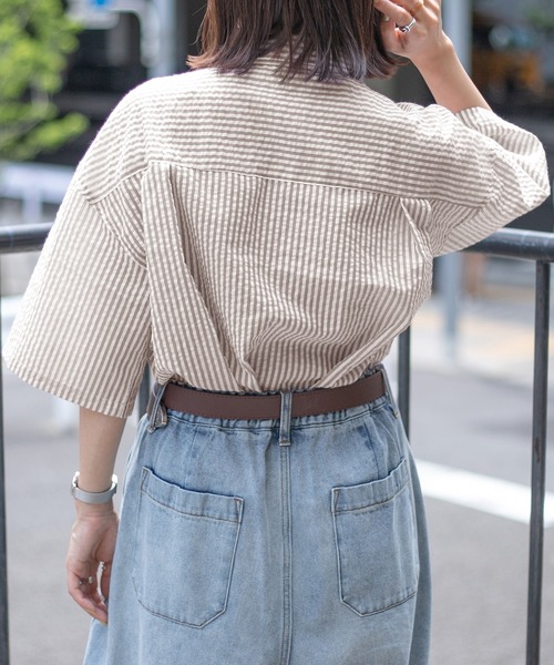 PairPair（ペアペア）の「サッカーストライプシャツ（ユニセックス）（シャツ/ブラウス・メンズ・ブラック/ベージュ/ライトグリーン・MEDIUM/LARGE）」の19枚目の写真