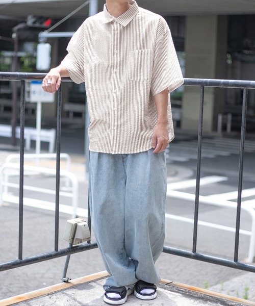 PairPair（ペアペア）の「サッカーストライプシャツ（ユニセックス）（シャツ/ブラウス・メンズ・ブラック/ベージュ/ライトグリーン・MEDIUM/LARGE）」の20枚目の写真