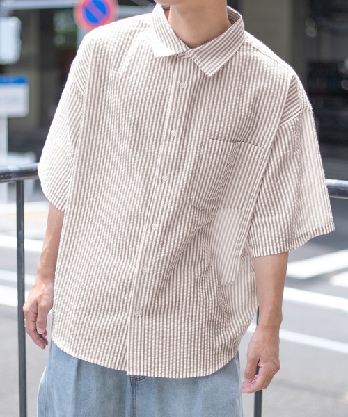 PairPair（ペアペア）の「サッカーストライプシャツ（ユニセックス）（シャツ/ブラウス・メンズ・ブラック/ベージュ/ライトグリーン・MEDIUM/LARGE）」の21枚目の写真