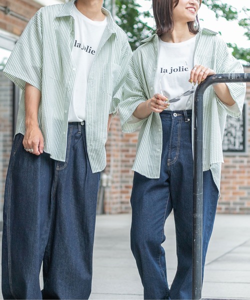 PairPair（ペアペア）の「サッカーストライプシャツ（ユニセックス）（シャツ/ブラウス・メンズ・ブラック/ベージュ/ライトグリーン・MEDIUM/LARGE）」の5枚目の写真