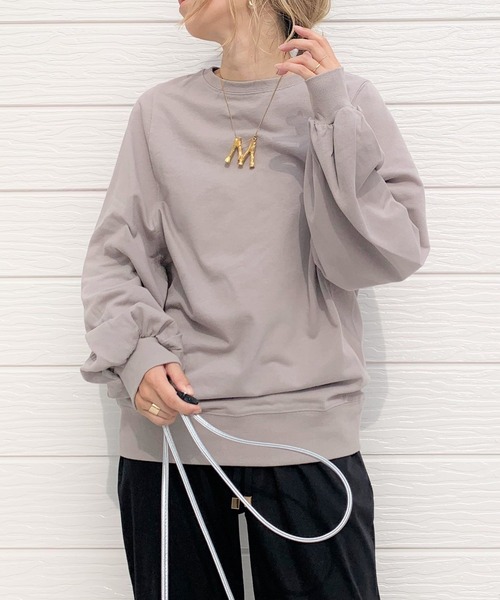 Q（キュー）の「ミニ裏毛ボリュームスリーブトレーナー（スウェット・レディース・ライトブルー/キャメル・MEDIUM）」の2枚目の写真