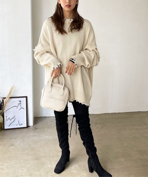 Shelly island（シェリーアイランド）の「2WAYﾙｰｽﾞﾀﾞﾒｰｼﾞNTCD（ニット/セーター・レディース・ホワイト/ベージュ/ライトパープル・FREE）」の7枚目の写真