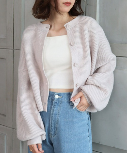 moment+（モーメントプラス）の「7G モヘヤタッチクルーネックもちもちショートニットカーデ（カーディガン/ボレロ・レディース・チャコールグレー/ブラック/ダークグリーン/ブルー/アイボリー/ボルドー/グレイッシュベージュ/イエロー×グリーン・FREE）」の5枚目の写真