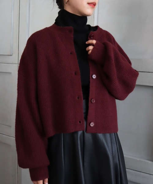 moment+（モーメントプラス）の「7G モヘヤタッチクルーネックもちもちショートニットカーデ（カーディガン/ボレロ・レディース・チャコールグレー/ブラック/ダークグリーン/ブルー/アイボリー/ボルドー/グレイッシュベージュ/イエロー×グリーン・FREE）」の8枚目の写真