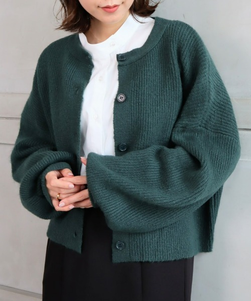 moment+（モーメントプラス）の「7G モヘヤタッチクルーネックもちもちショートニットカーデ（カーディガン/ボレロ・レディース・チャコールグレー/ブラック/ダークグリーン/ブルー/アイボリー/ボルドー/グレイッシュベージュ/イエロー×グリーン・FREE）」の6枚目の写真