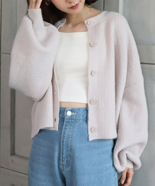 moment+（モーメントプラス）の「7G モヘヤタッチクルーネックもちもちショートニットカーデ（カーディガン/ボレロ・レディース・チャコールグレー/ブラック/ダークグリーン/ブルー/アイボリー/ボルドー/グレイッシュベージュ/イエロー×グリーン・FREE）」の9枚目の写真