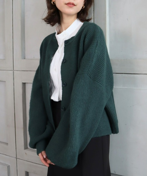 moment+（モーメントプラス）の「7G モヘヤタッチクルーネックもちもちショートニットカーデ（カーディガン/ボレロ・レディース・チャコールグレー/ブラック/ダークグリーン/ブルー/アイボリー/ボルドー/グレイッシュベージュ/イエロー×グリーン・FREE）」の15枚目の写真