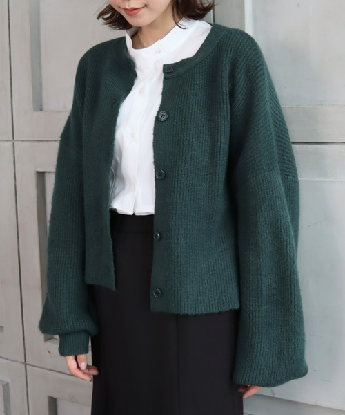 moment+（モーメントプラス）の「7G モヘヤタッチクルーネックもちもちショートニットカーデ（カーディガン/ボレロ・レディース・チャコールグレー/ブラック/ダークグリーン/ブルー/アイボリー/ボルドー/グレイッシュベージュ/イエロー×グリーン・FREE）」の16枚目の写真