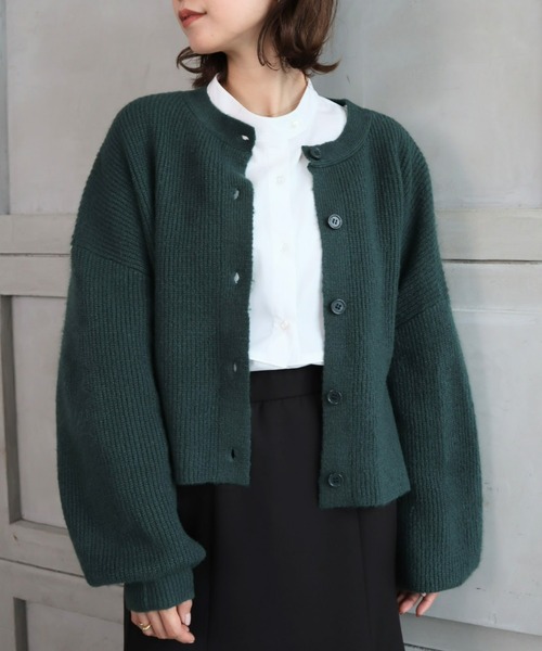 moment+（モーメントプラス）の「7G モヘヤタッチクルーネックもちもちショートニットカーデ（カーディガン/ボレロ・レディース・チャコールグレー/ブラック/ダークグリーン/ブルー/アイボリー/ボルドー/グレイッシュベージュ/イエロー×グリーン・FREE）」の17枚目の写真