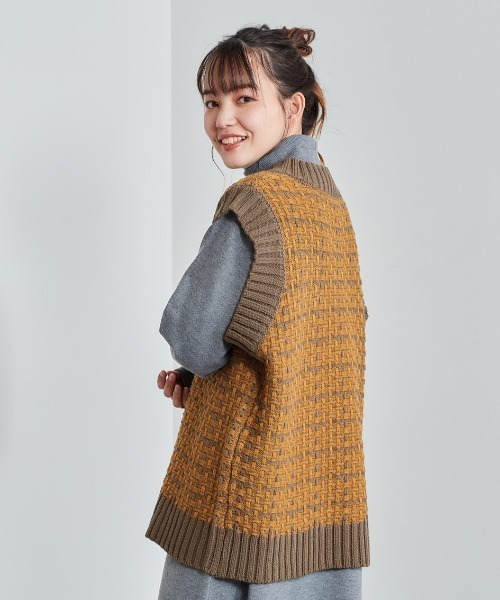 cepo（セポ）の「ツイードアミ ロングニットベスト（ベスト・レディース・ブラック/ピンク/イエロー・M）」の12枚目の写真