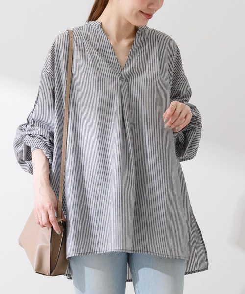 URBAN RESEARCH Sonny Label(アーバンリサーチサニーレーベル)の「『UR TECH Smart Linen Touch』リネン混タックスリーブブラウス(シャツ/ブラウス・レディース・イエロー/ベージュ系その他/ストライプ・FREE)」の8枚目の写真