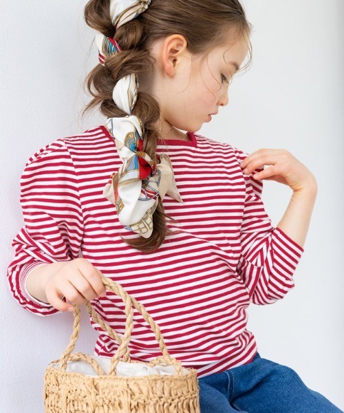 lulpini（ルルピー二）の「kids　スクエアネックボーダーロングスリーブTシャツ（Tシャツ/カットソー・キッズ・ブラック/イエロー/レッド・S/M/L）」の3枚目の写真