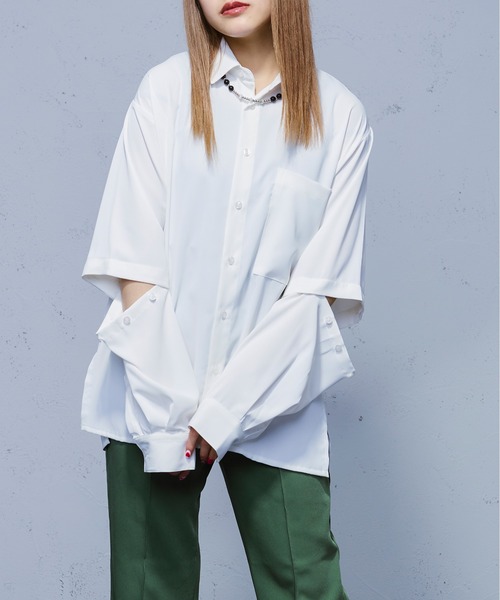 Ellno Loset（エルノロゼット）の「スリーブボタンデザインシャツ（シャツ/ブラウス・メンズ・ブラック/オフホワイト/ブルーグリーン・MEDIUM/LARGE）」の6枚目の写真