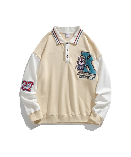 HOOK -original- アメカジキャラクター刺繍袖切り替えポロスウェット（スウェット）｜HOOK（フック）